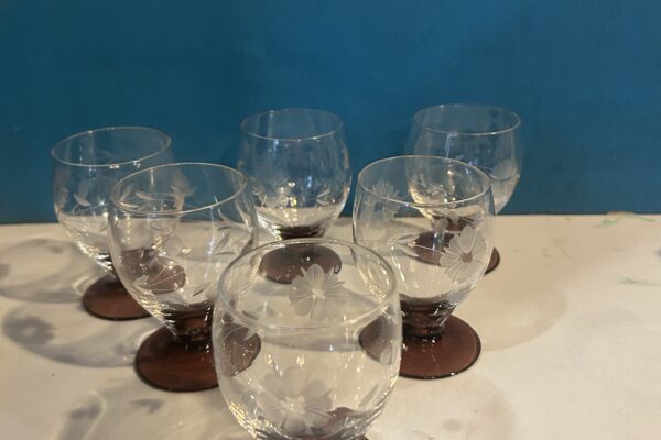 6 x ge-etst port glas,met aubergine voet