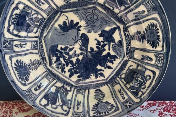 Groot Chinees bord, blauw wit met vogels